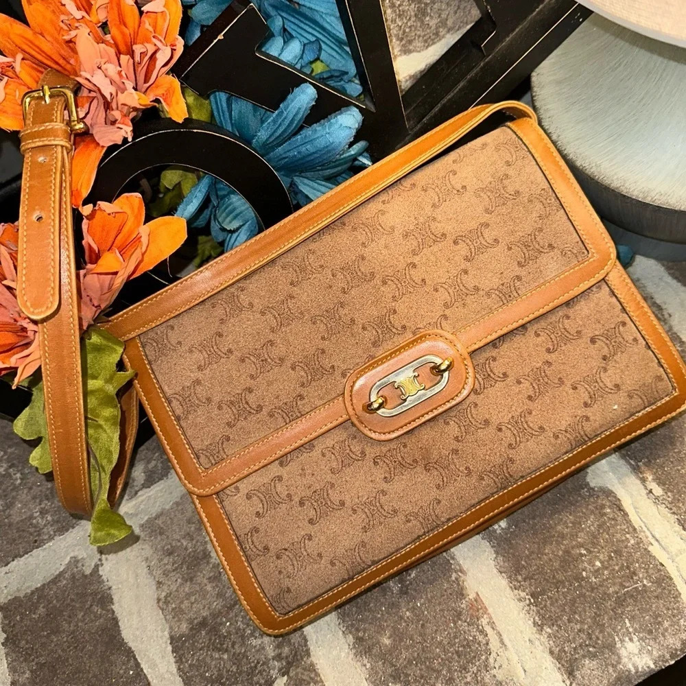 Celine Monogrammed Suede/Leather Shoulderbag Converts Clutch